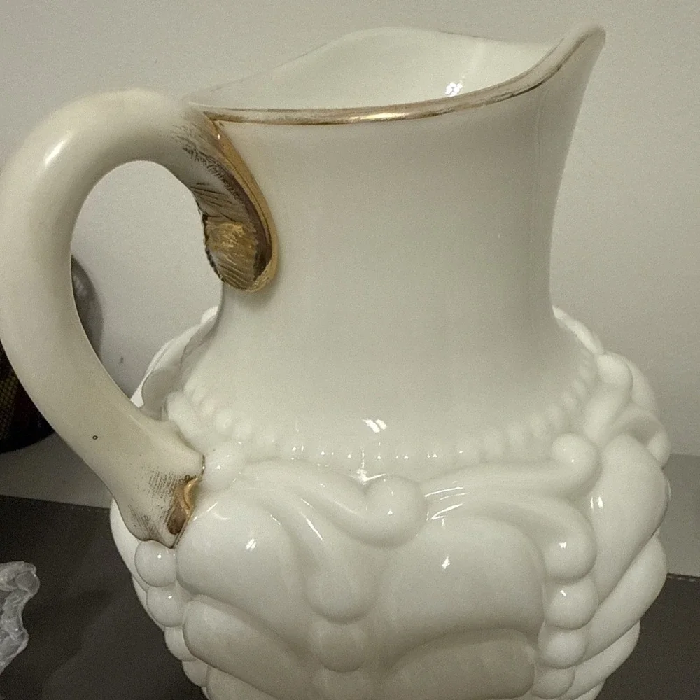 Antique Consolidated Glass Guttate Milk Glass Pitcher & Tumbler Set White Gold